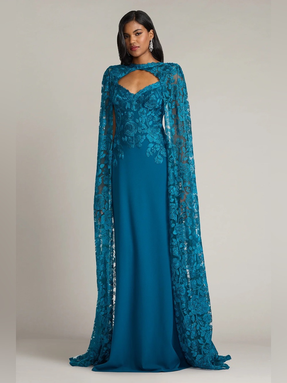 TADASHI SHOJI Polidore Embroidered Cape Sleeve Gown in Venom Blue 16
